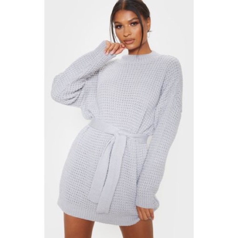 Light Grey Soft Touch Belted Knitted Jumper Dress